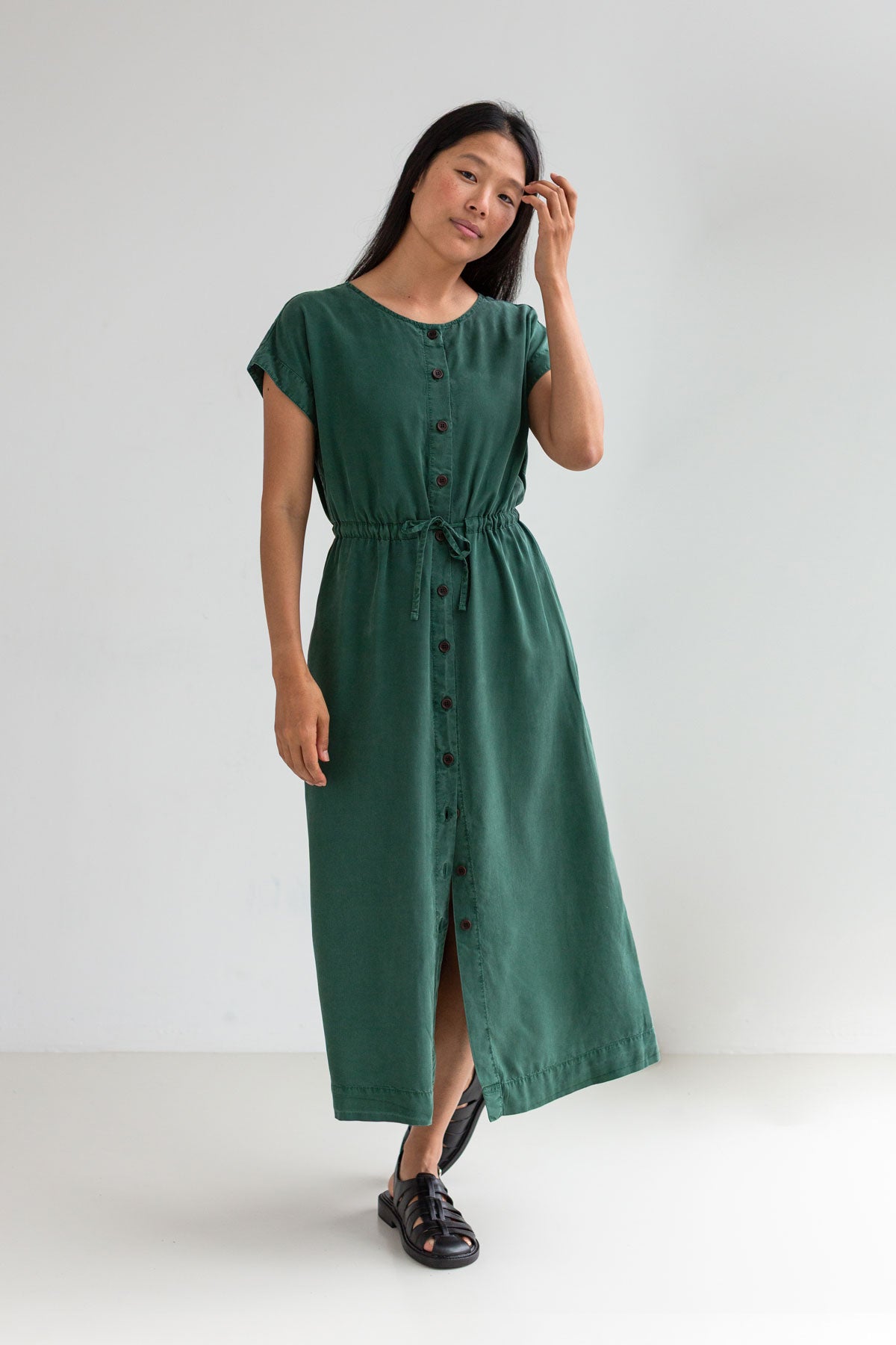 Dark green Lightweight dress women full body view