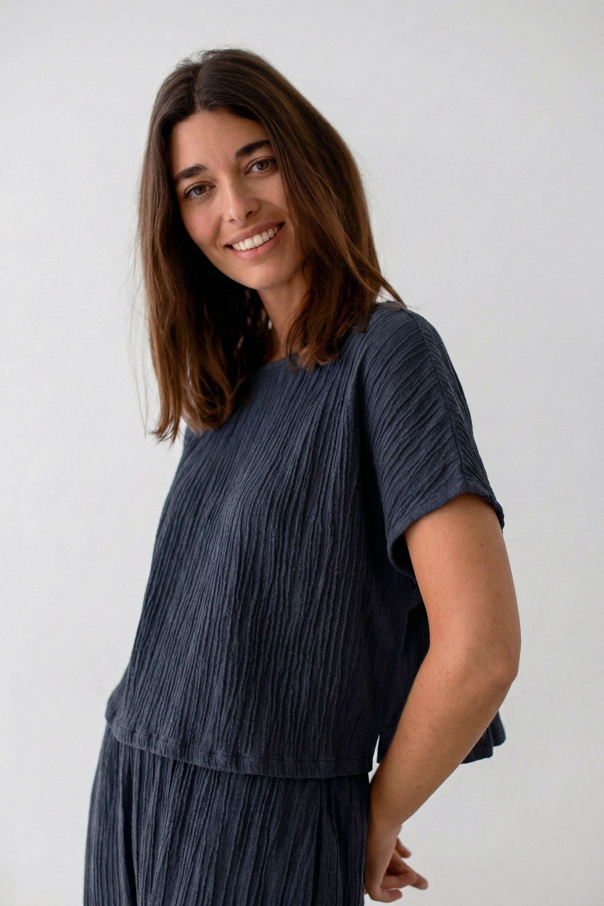 Dusty blue Bambula shirt women wear view front