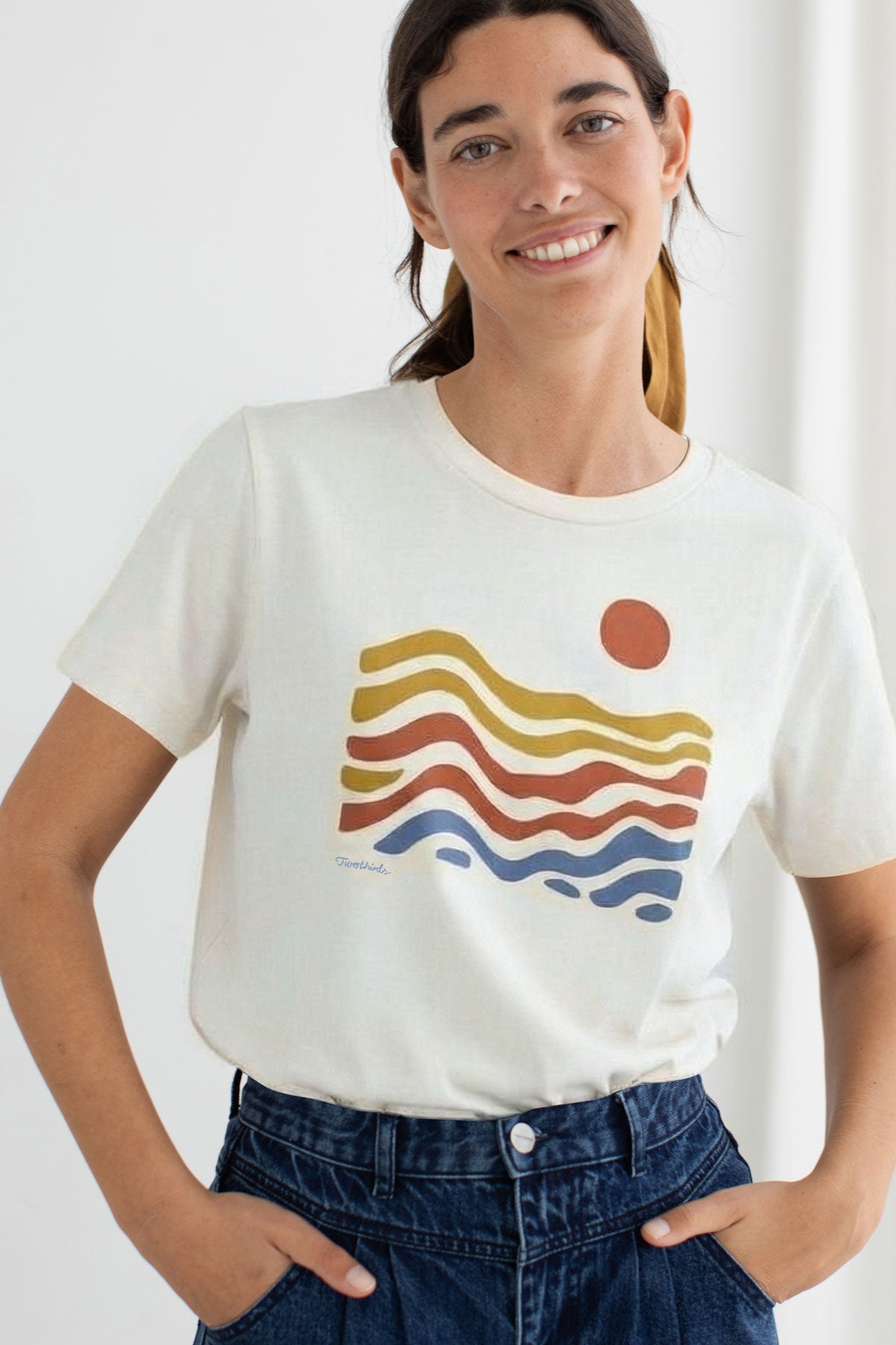 Sunrise graphic tshirt women denim trousers wear view front