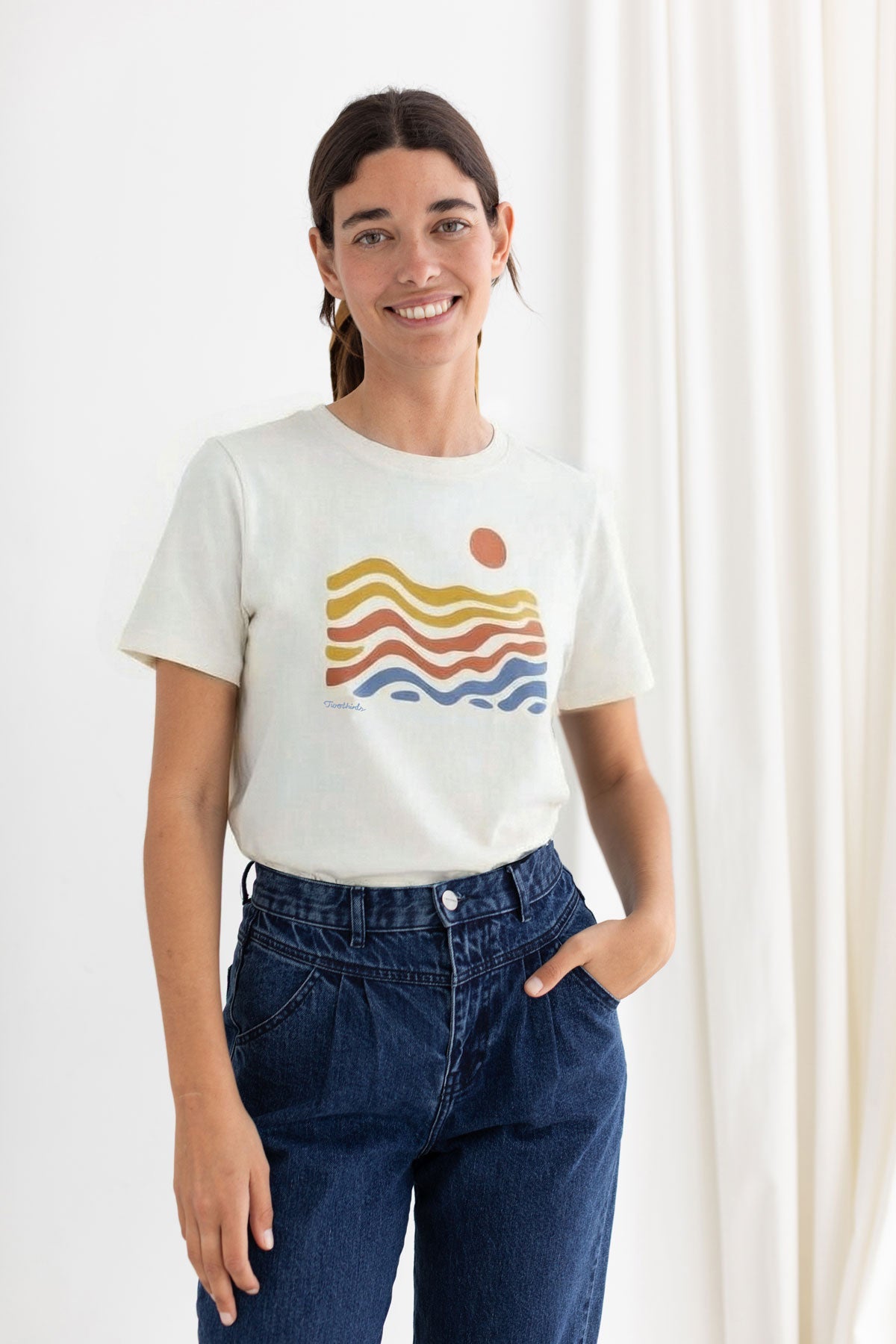 Sunrise graphic tshirt women denim trousers wear view front