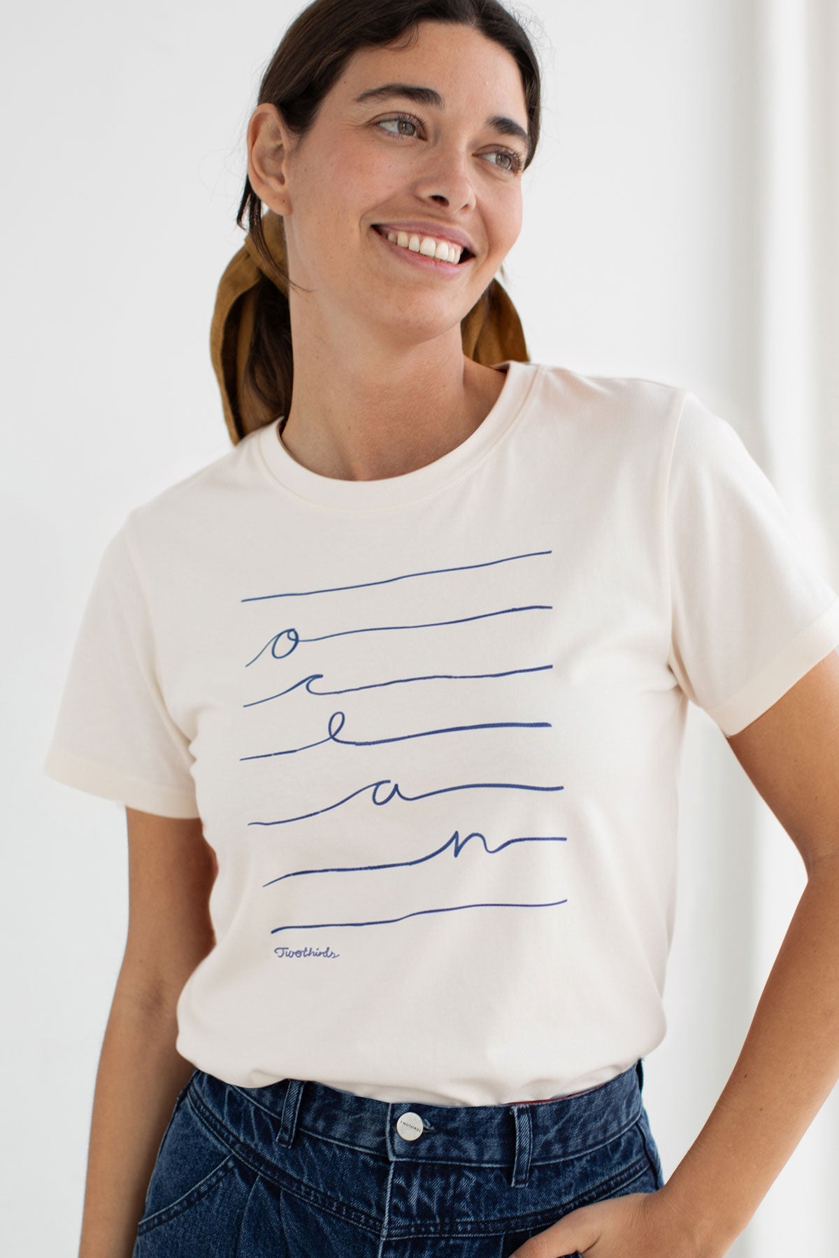 Waves graphic tshirt women denim trousers wear view front