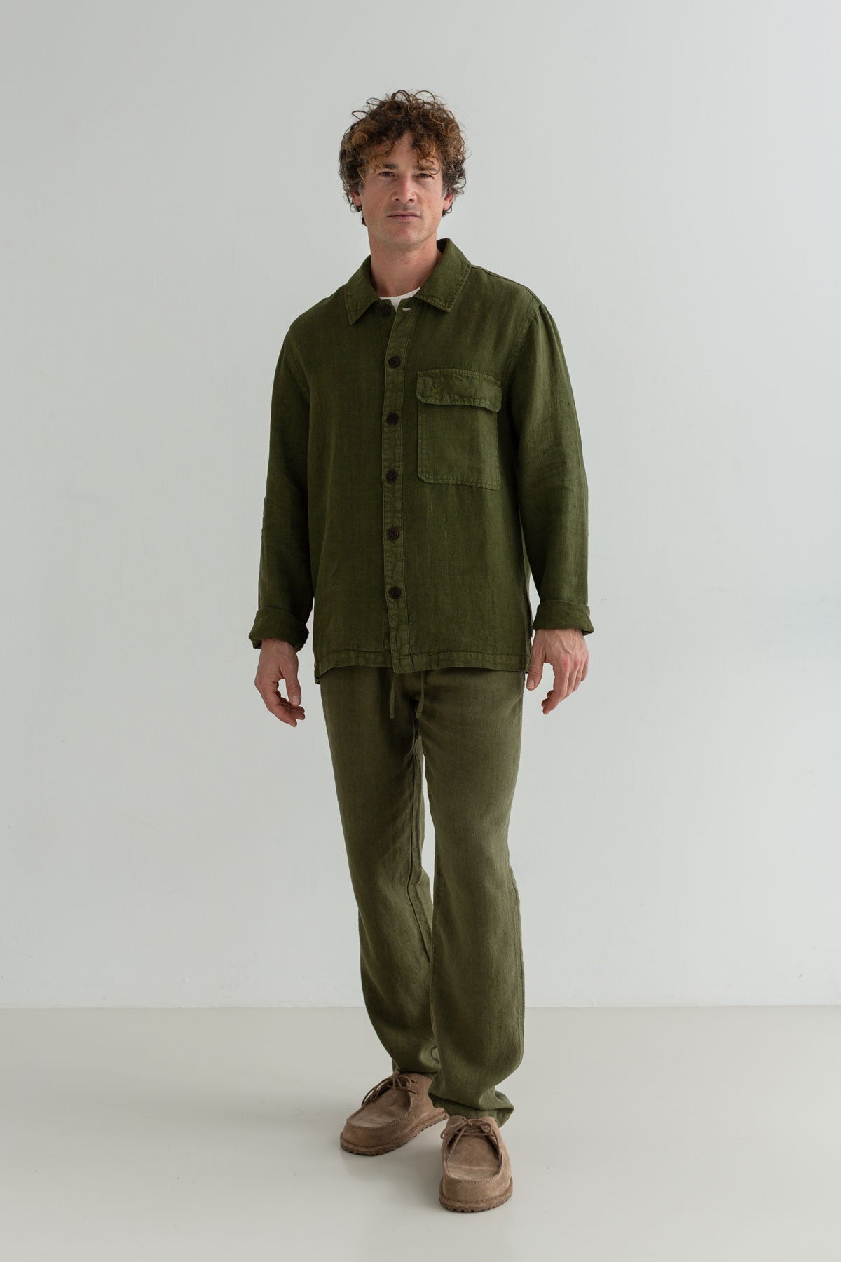 Codium green heavy linen pants men green jacket full body view front