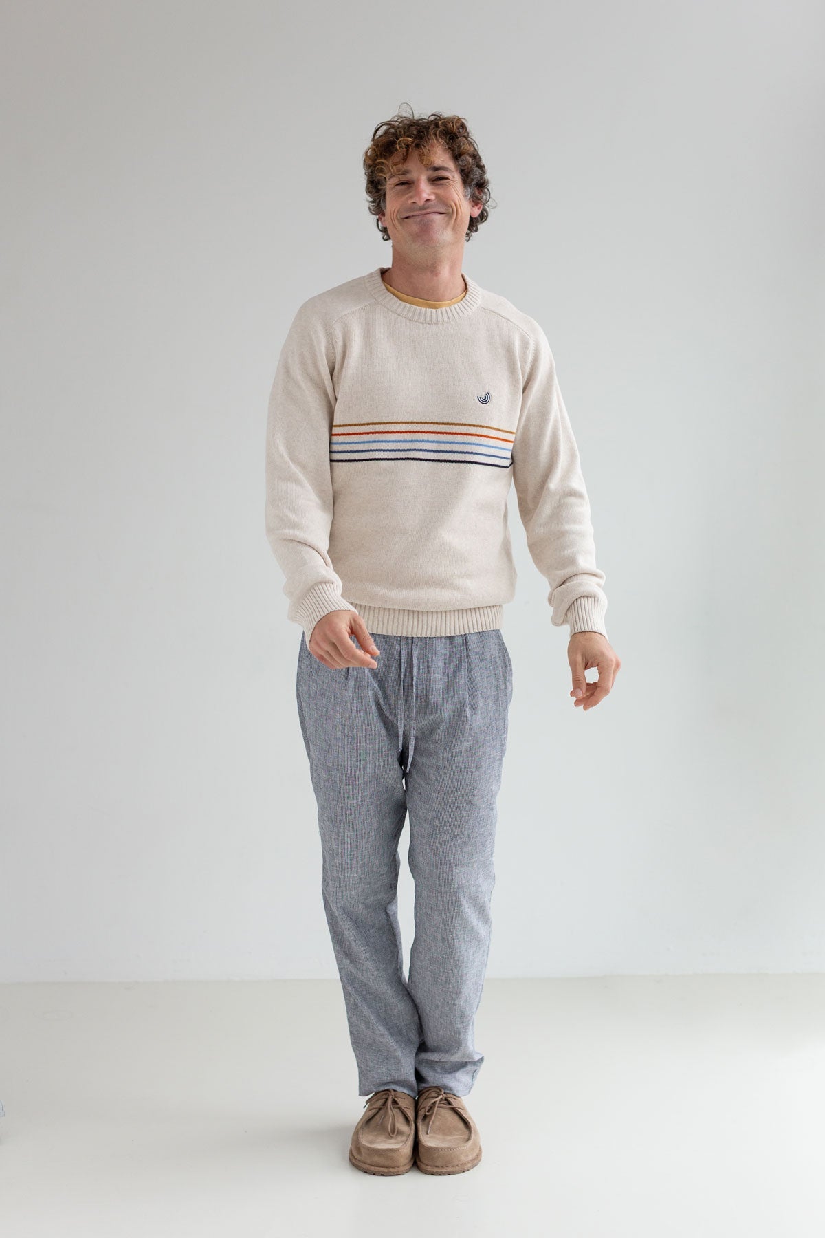 Ecru jersey knit men striped pants full body view front