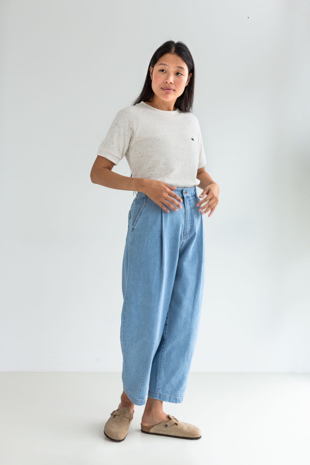 Ecru Terry towelling top women light blue pants full body view