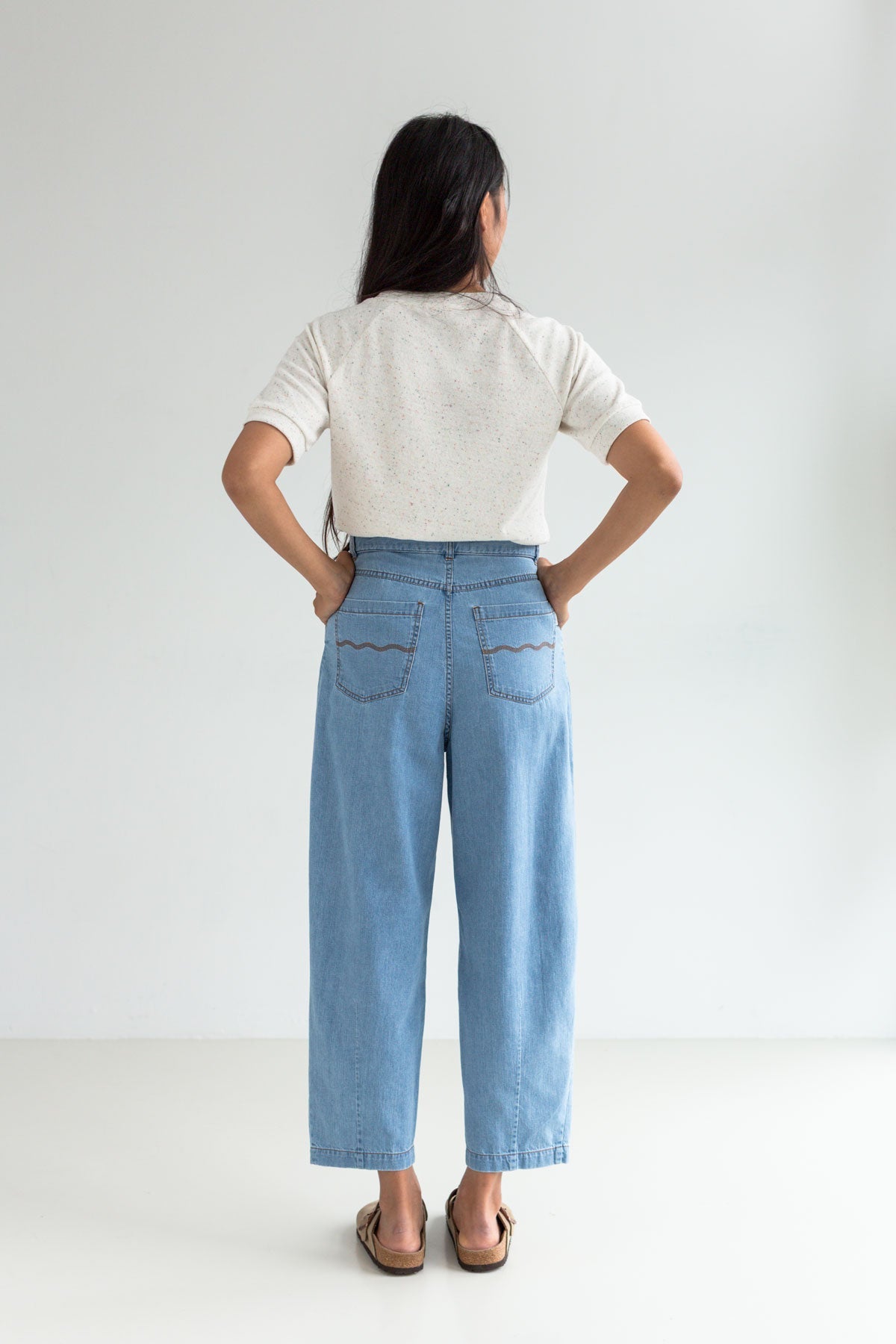 Ecru Terry towelling top women light pants full body view back