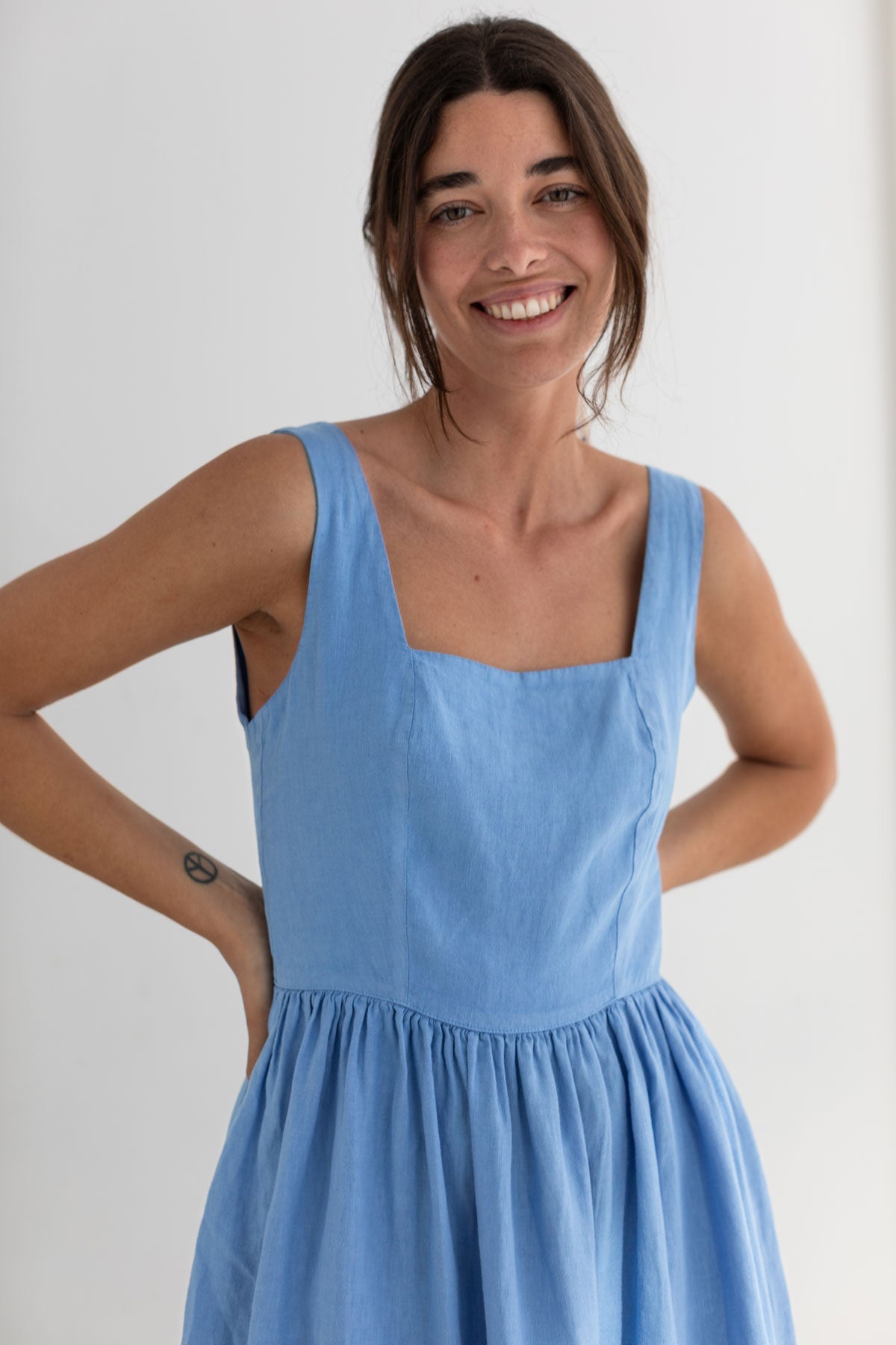 Denim blue linen dress women wear view front