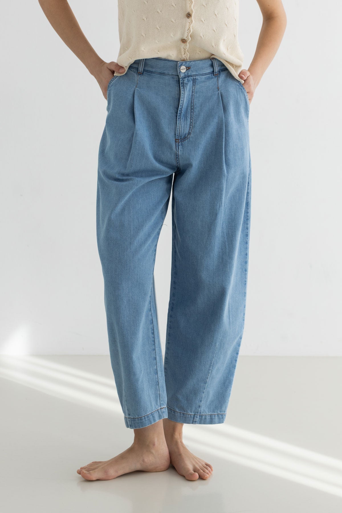 Light blue organic cotton denim pants women wear view front