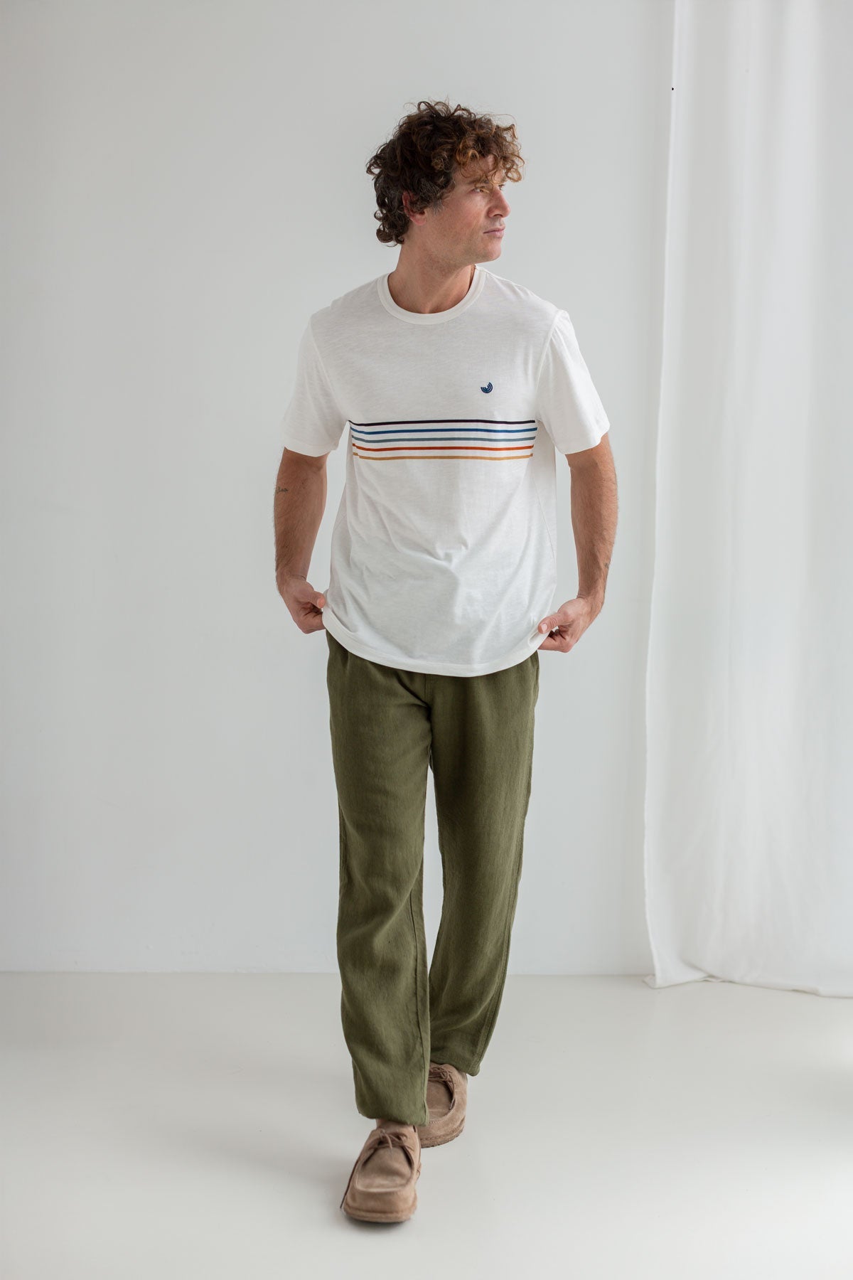 Codium green heavy linen pants men white tshirt full body view front