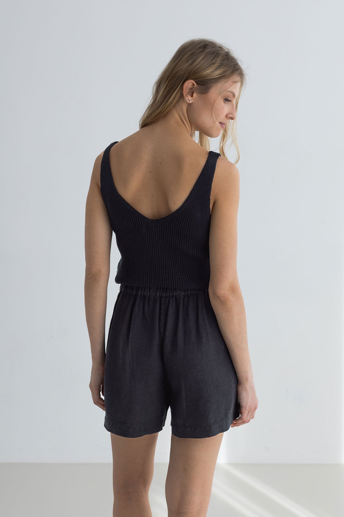 Black knit crop top women black shorts wear view back