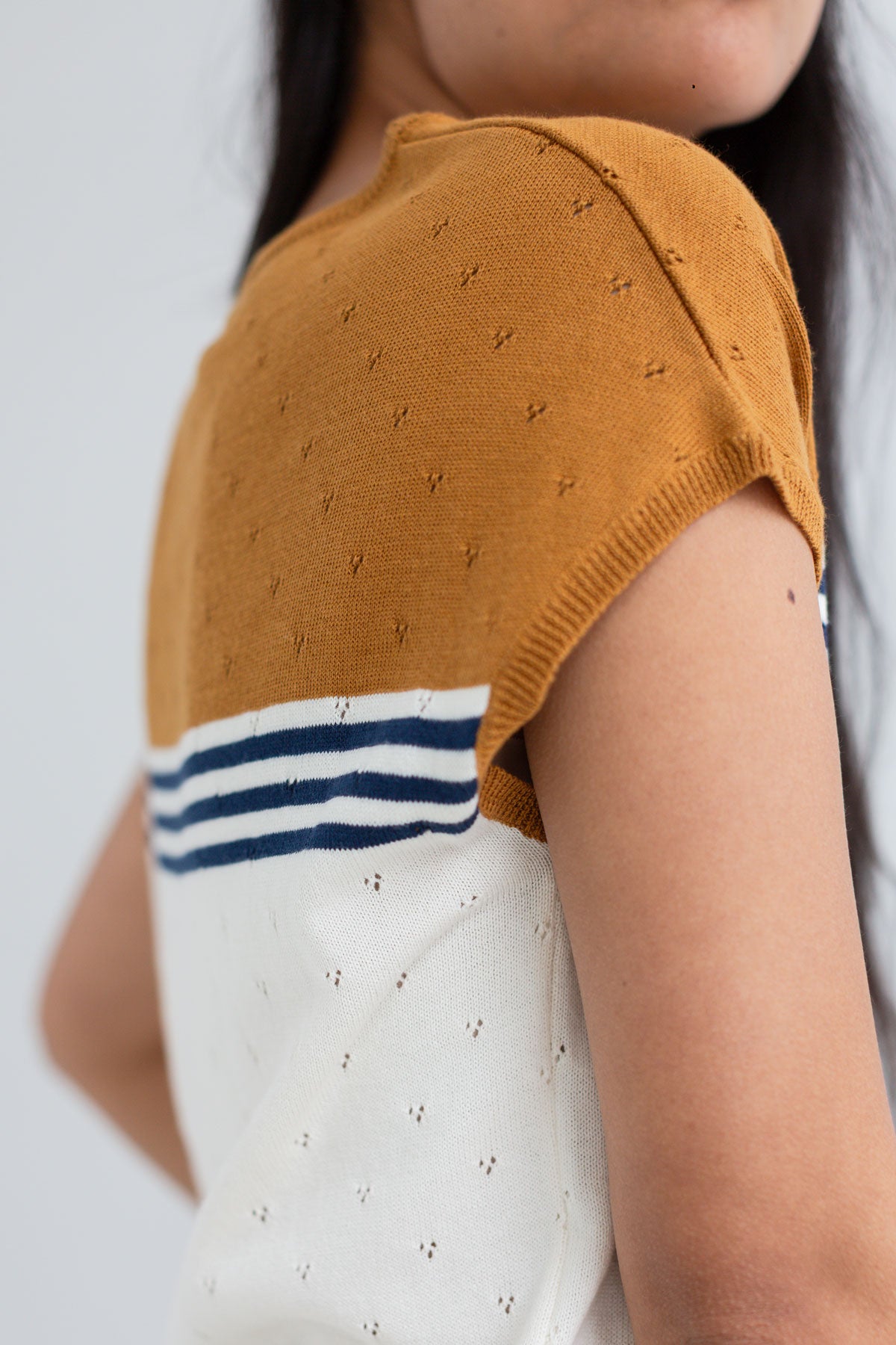Ecru mustard knit top women side detail