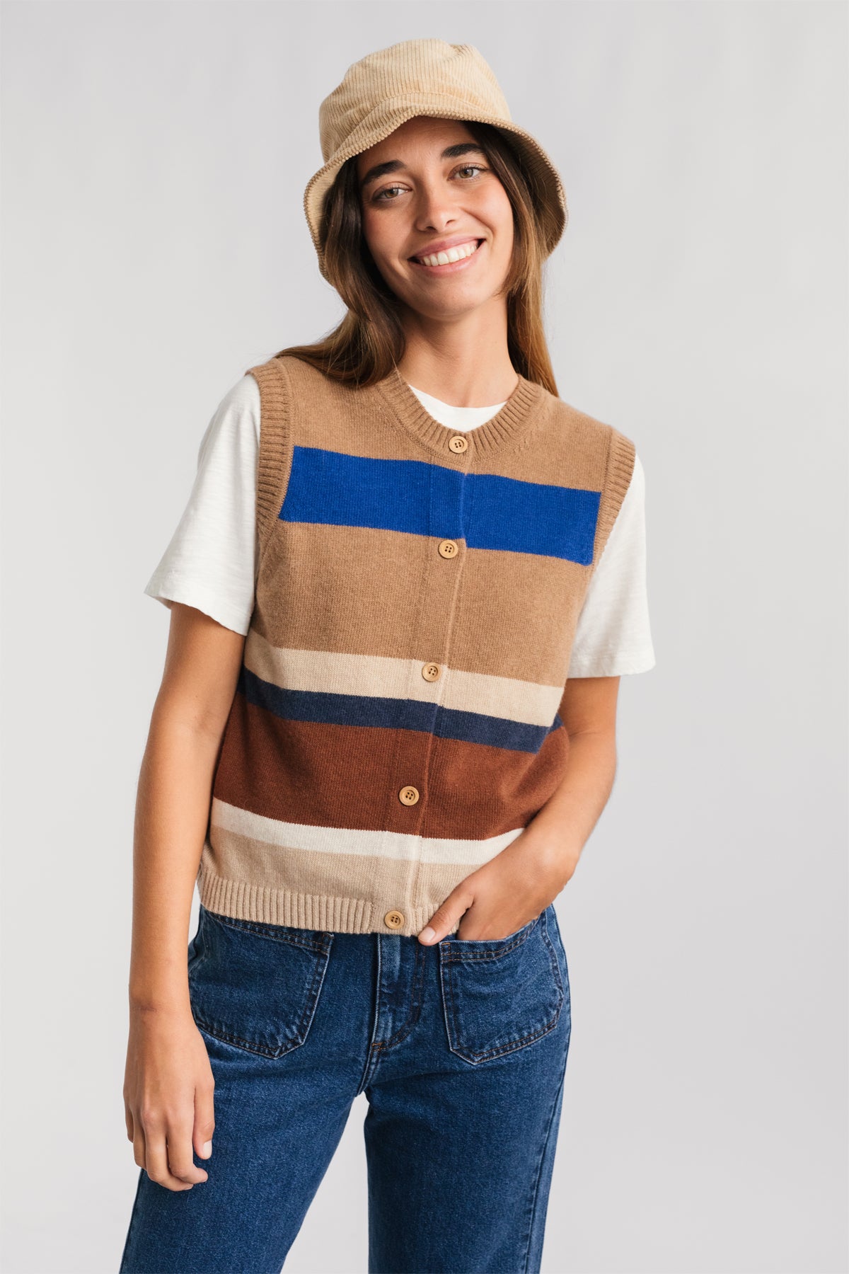 striped knit vest with mulesing-free wool.
