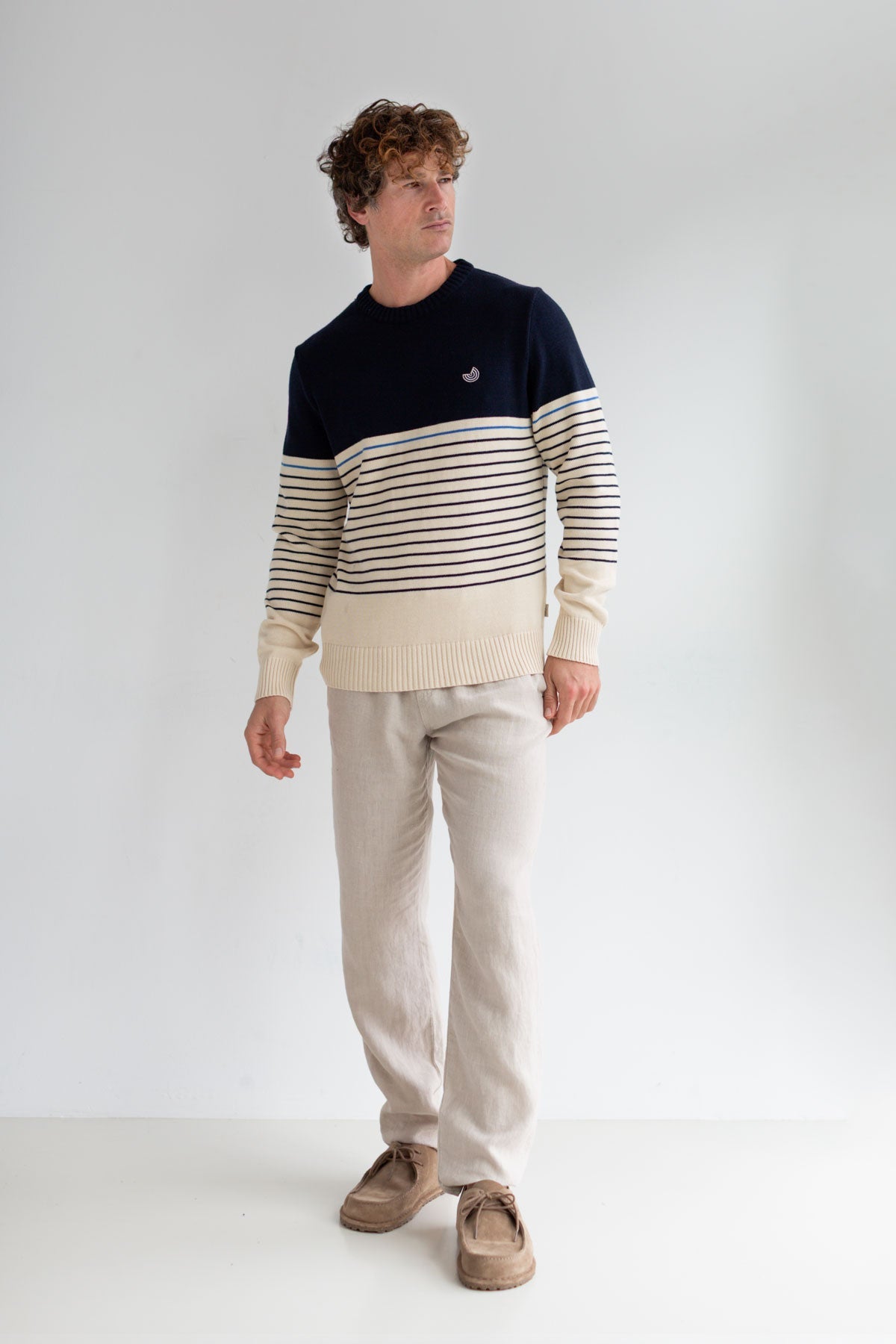 Navy stripes organic cotton knit men light pants full body view
