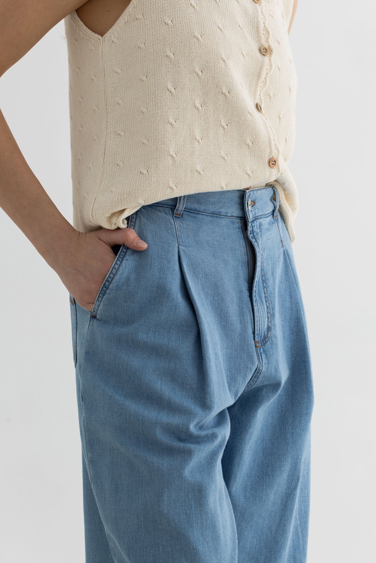 Light blue organic cotton denim pants women knit top detail front