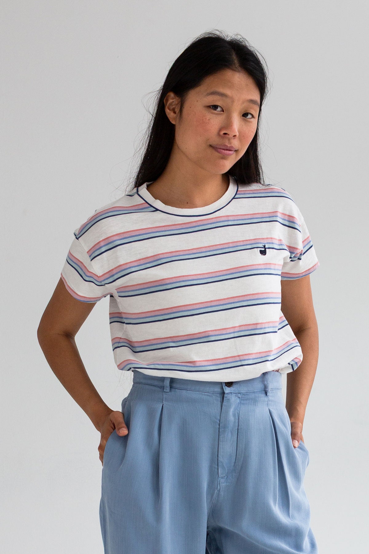 Multicolour stripes organic cotton top women light blue pants wear view front 