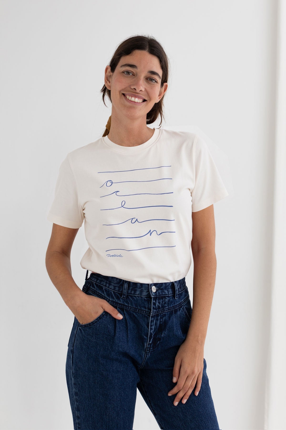 Waves graphic tshirt women denim trousers wear view front 