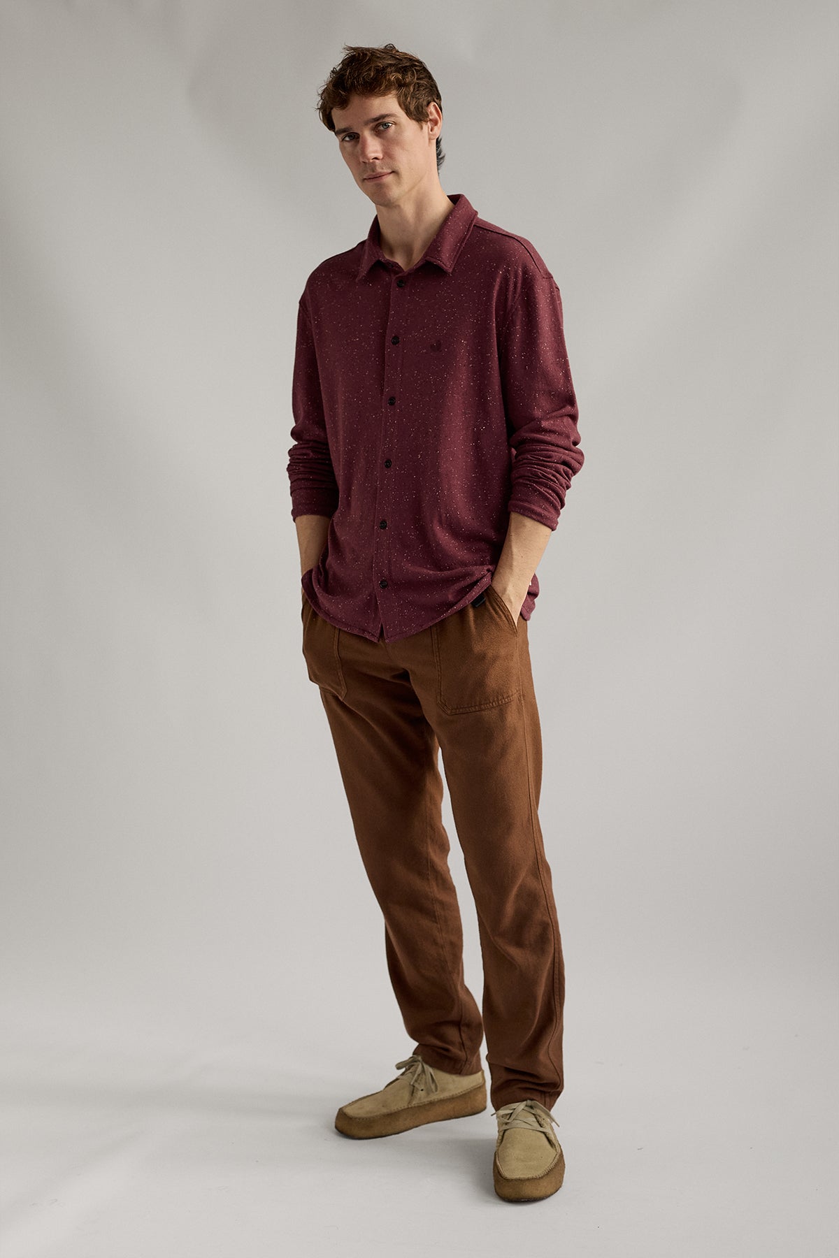 meta-preview, organic red shirt with resin buttons