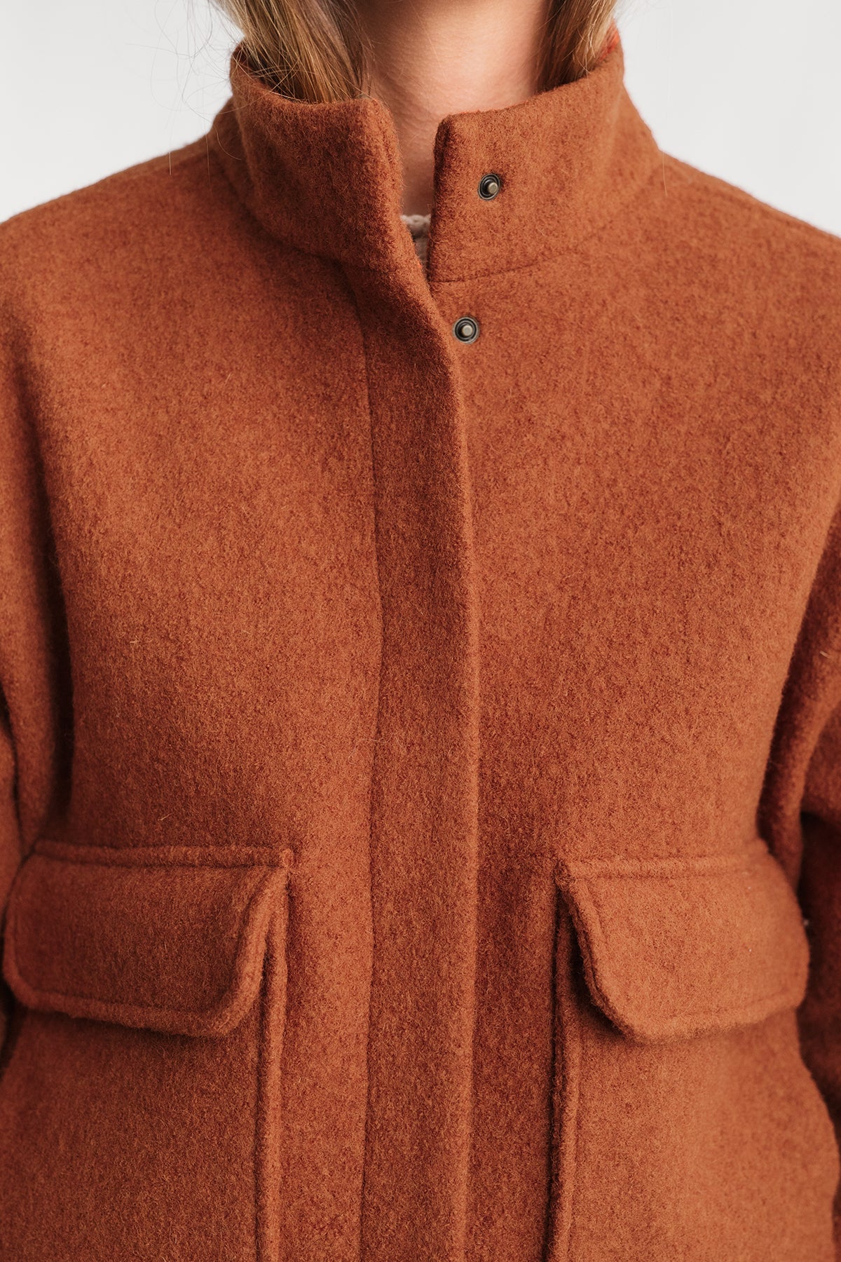 hidden snap buttons and comfy dropped armholes jacket