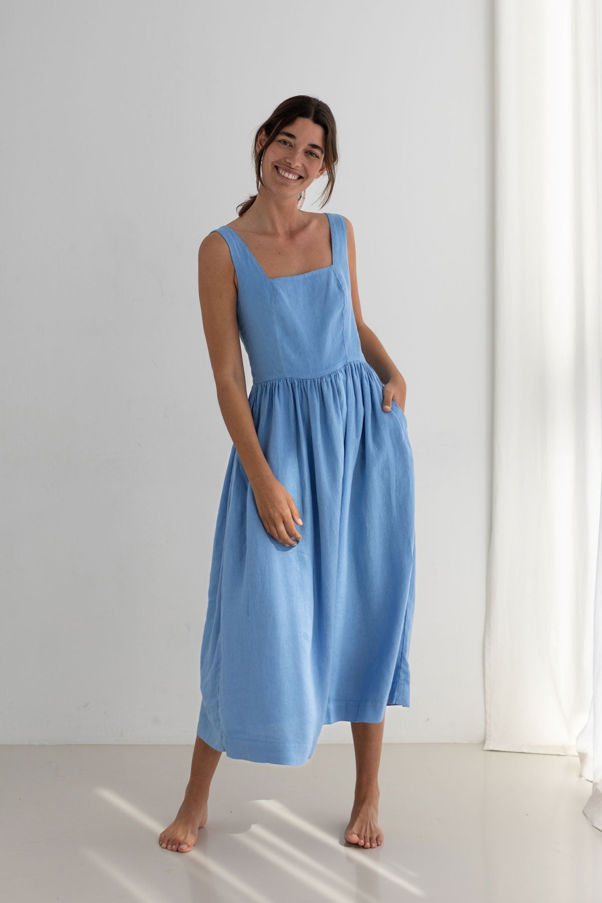 Denim blue linen dress women full body view front