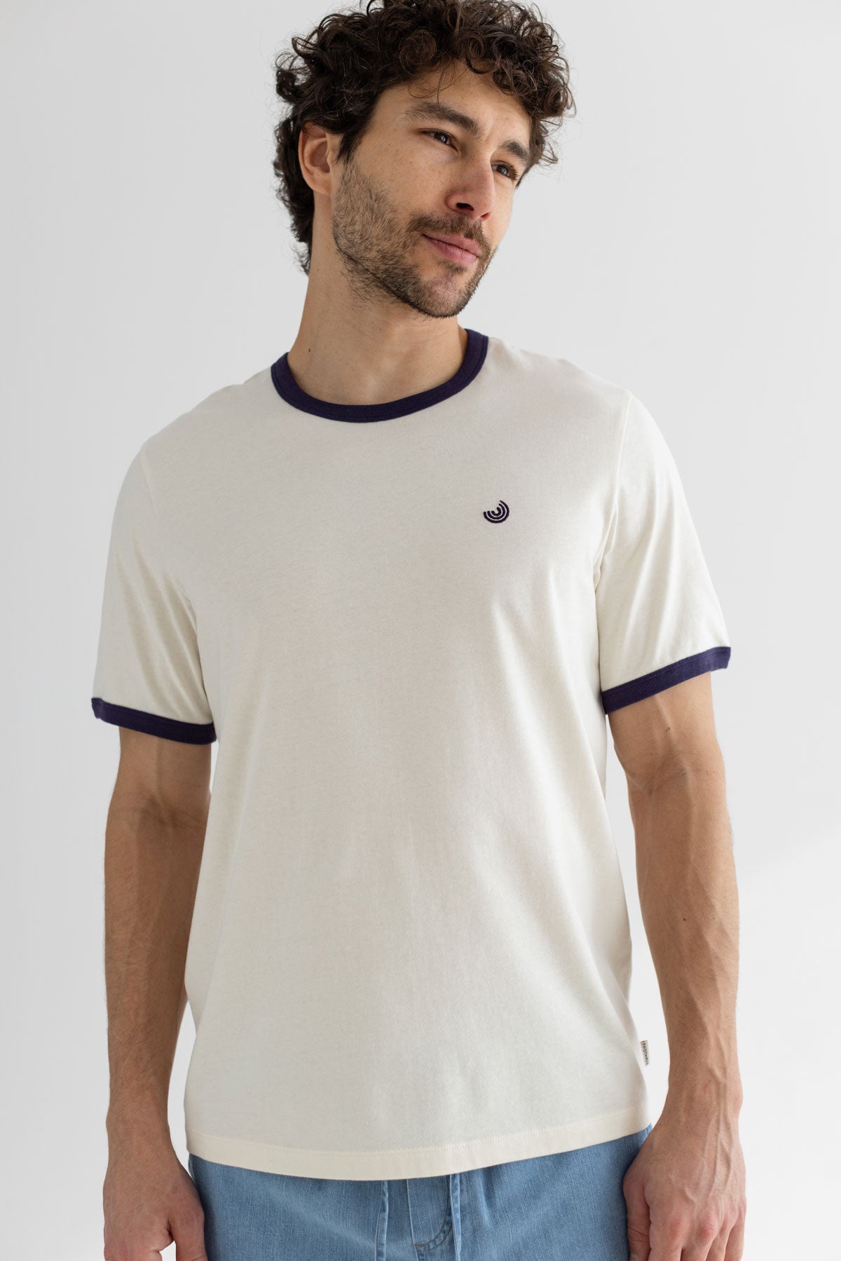 White blue tshirt men denim shorts wear view front 