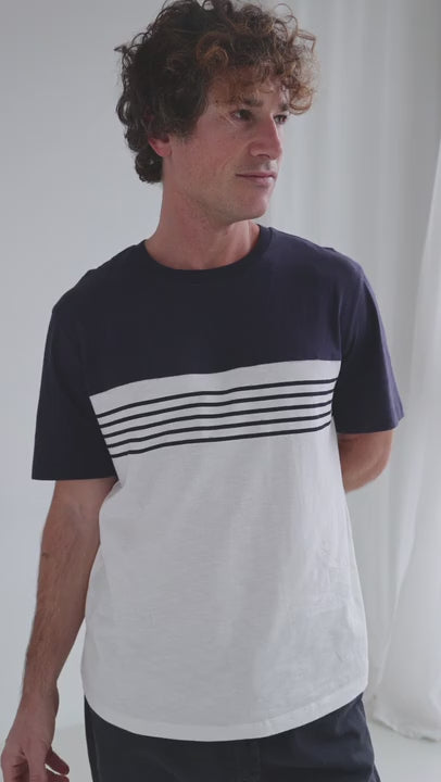 Navy round neck tshirt men blue pants full body view