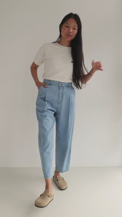 Ecru Terry towelling top women light blue pants full body view 