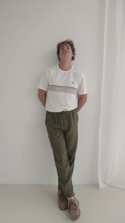 Codium green heavy linen pants men white tshirt full body view