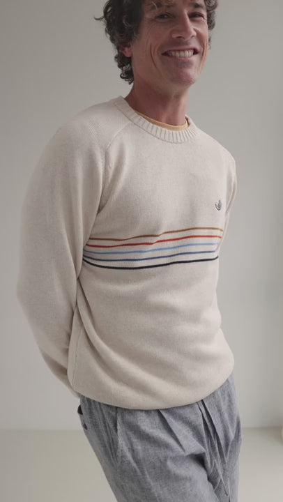 Ecru jersey knit men striped pants full body view 
