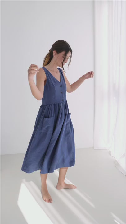 Blueberry linen dress women full body view