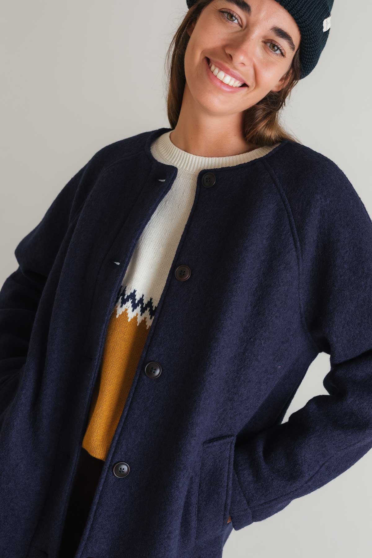 Eco-friendly women’s navy coat

