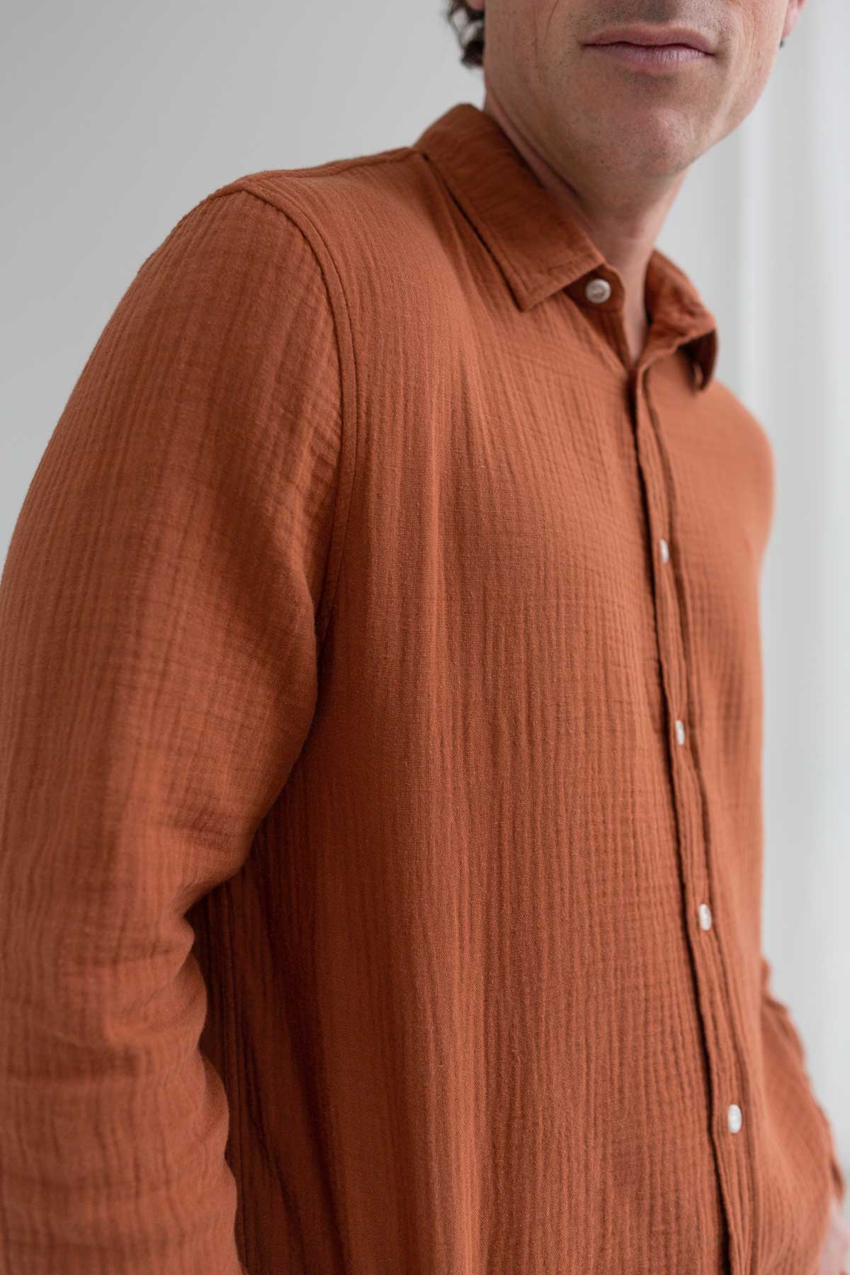 Reddish brown muslin shirt men wear view side 