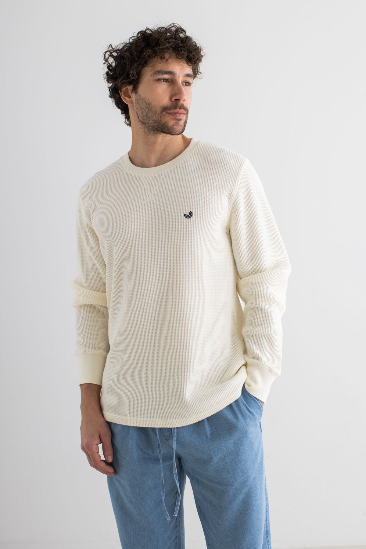 Ecru waffle sweatshirt men blue pants wear view front